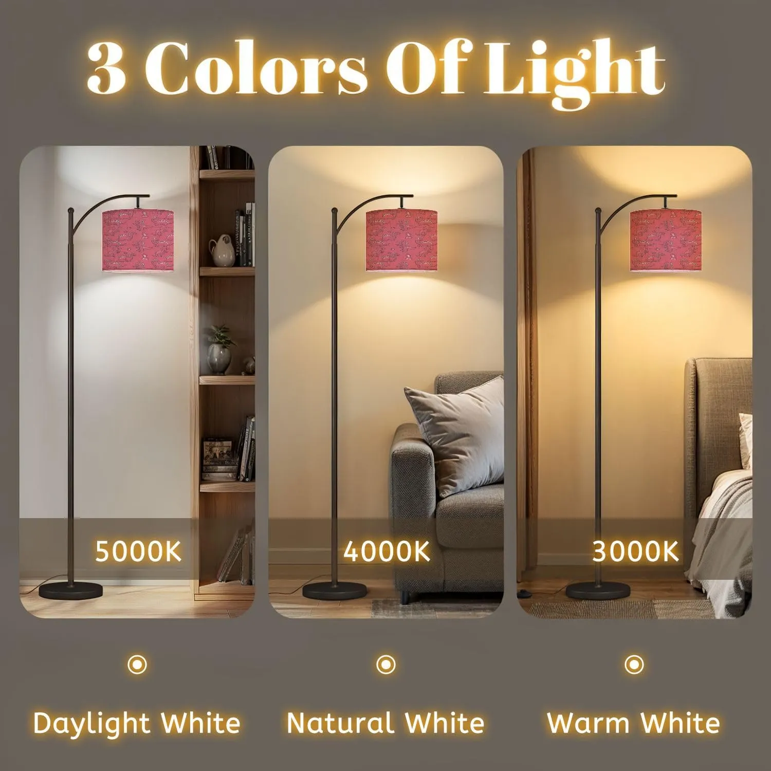 Arc Floor Lamps Seamless Pattern Cute Dinosaurs Pink Pattern for Childrens Clothes Modern LED Adjustable Lampshade Standing Light for Living Room Reading Bedroom Office