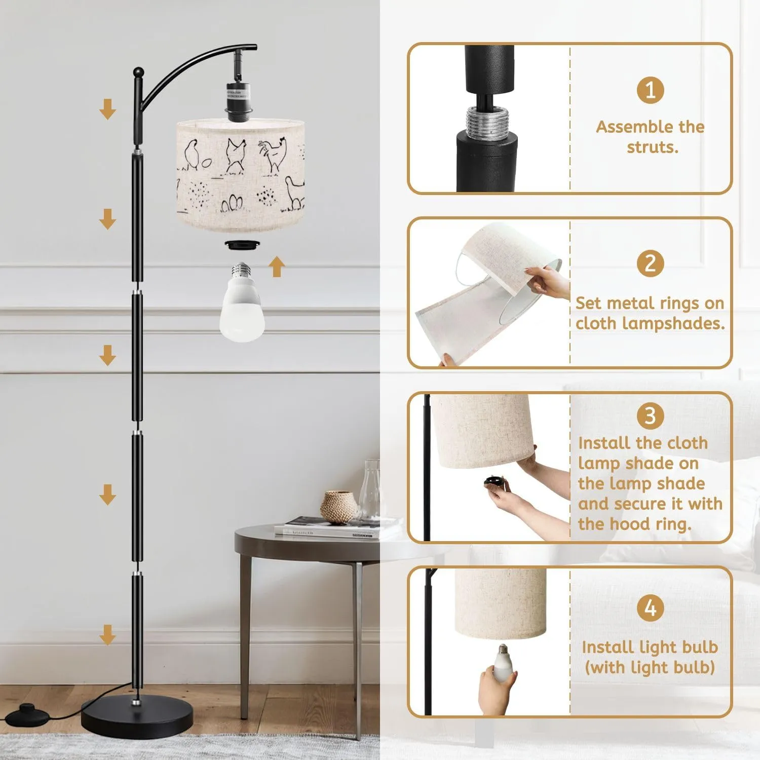 Arc Floor Lamps Set Cute Chicken Hen Doodle Drawing for Coloring Print Modern LED Adjustable Lampshade Standing Light for Living Room Reading Bedroom Office