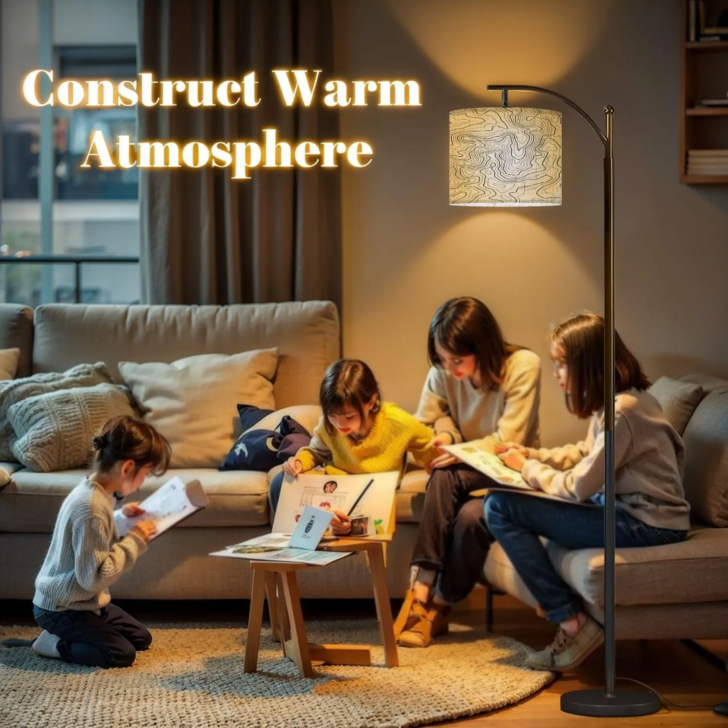 Arc Floor Lamps Topographic map Grid map Abstract Modern LED Adjustable Lampshade Standing Light for Living Room Reading Bedroom Office