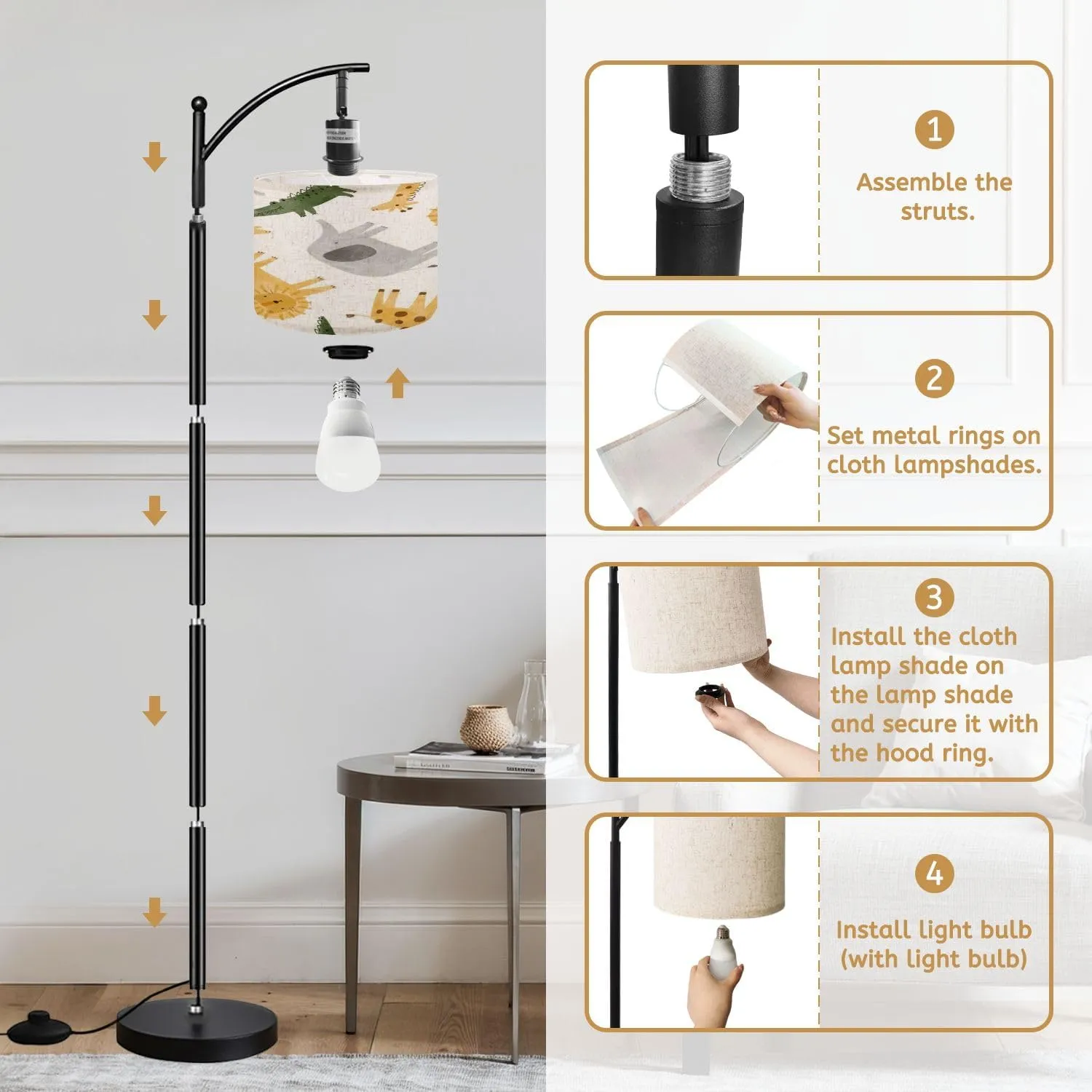 Arc Floor Lamps Watercolor Animals Cute African Crocodile Leopard Giraffe Elephant Modern LED Adjustable Lampshade Standing Light for Living Room Reading Bedroom Office