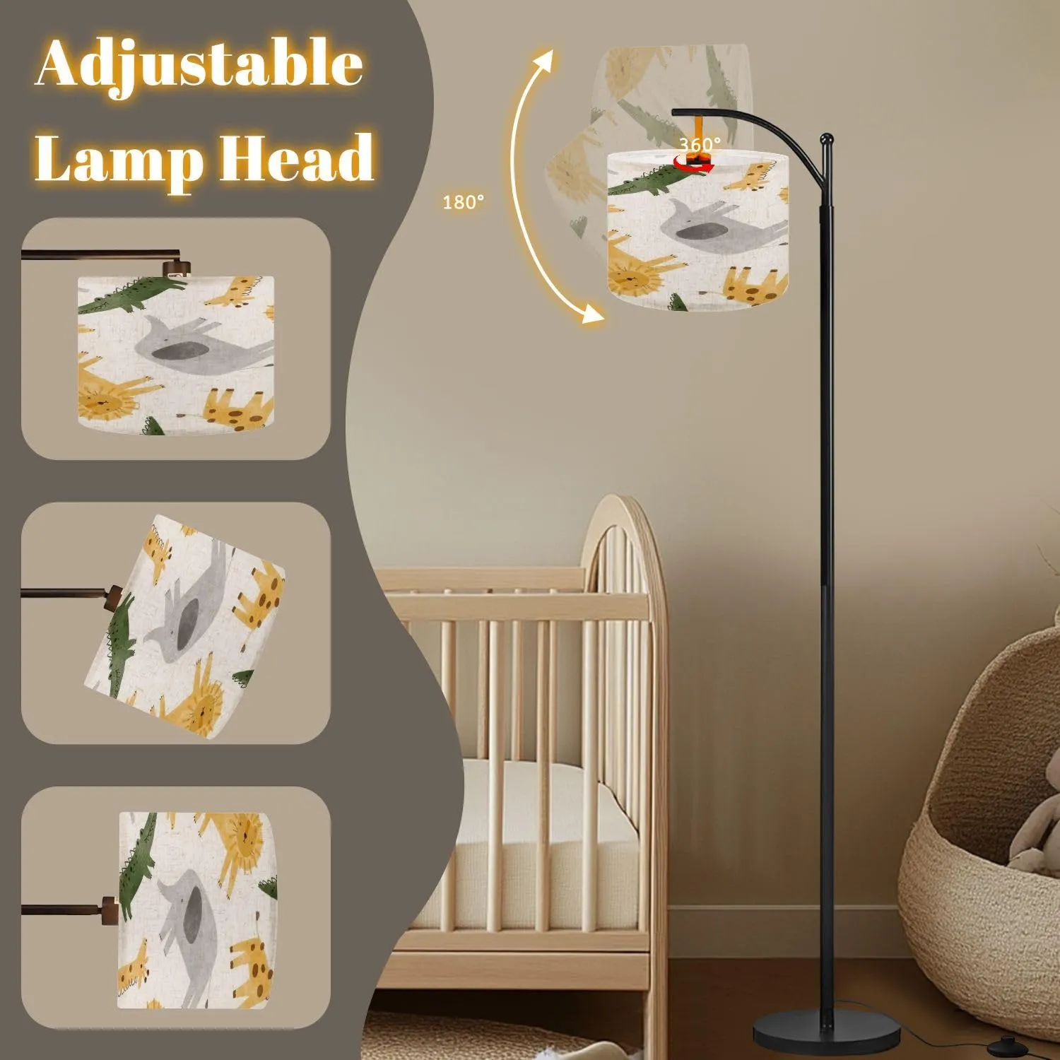 Arc Floor Lamps Watercolor Animals Cute African Crocodile Leopard Giraffe Elephant Modern LED Adjustable Lampshade Standing Light for Living Room Reading Bedroom Office