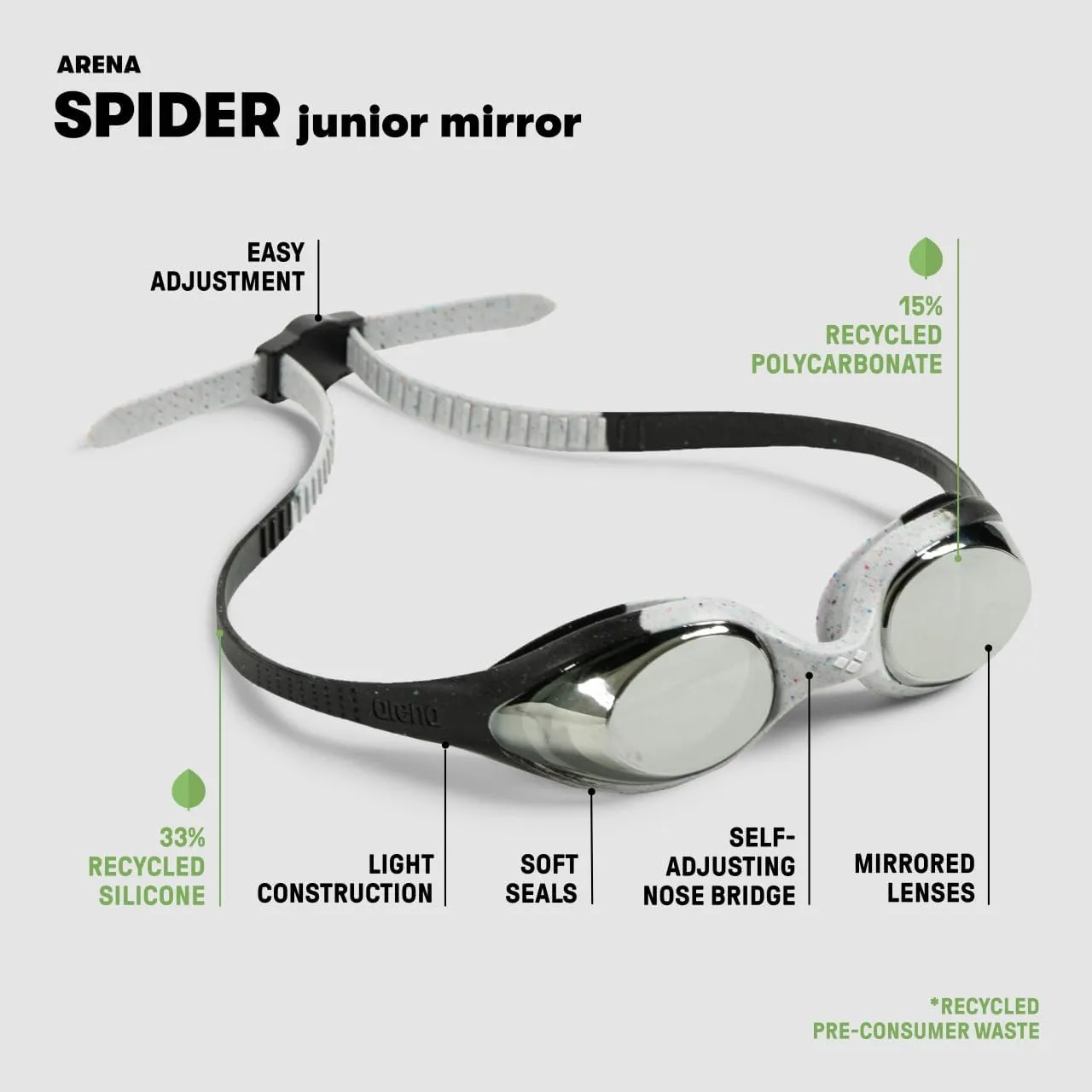ARENA Unisex Youth Spider Junior Swim Goggles Girls and Boys Ages 6 to 12 Fogless Lenses Easy to Adjust Strap No Leak