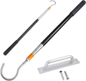 Attic Ladder Pull Down System Kit -60 Inch Telescopic Rod with Elegant Aluminum Alloy Handle and Stainless Steel Hook for Easy Rope Replacement