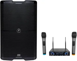Audiosavings Bundle: (1) Mackie SRM215 V-Class 15 2000W Powered Active PA DJ Speaker w/Bluetooth Bundle with (1) Rockville RWM72U Dual UHF Wireless Handheld Microphone System Digital Display (2 Item)