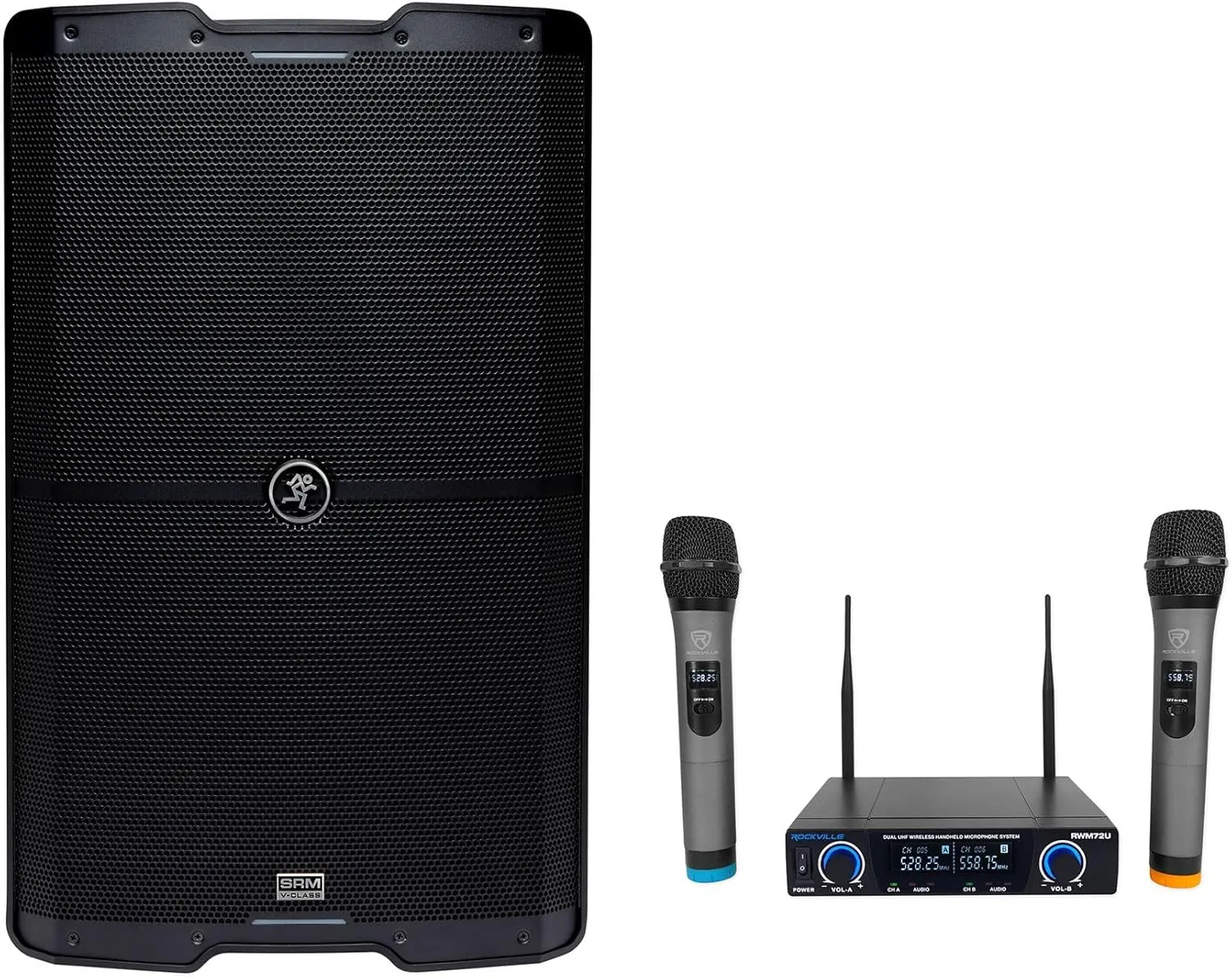 Audiosavings Bundle: (1) Mackie SRM215 V-Class 15 2000W Powered Active PA DJ Speaker w/Bluetooth Bundle with (1) Rockville RWM72U Dual UHF Wireless Handheld Microphone System Digital Display (2 Item)