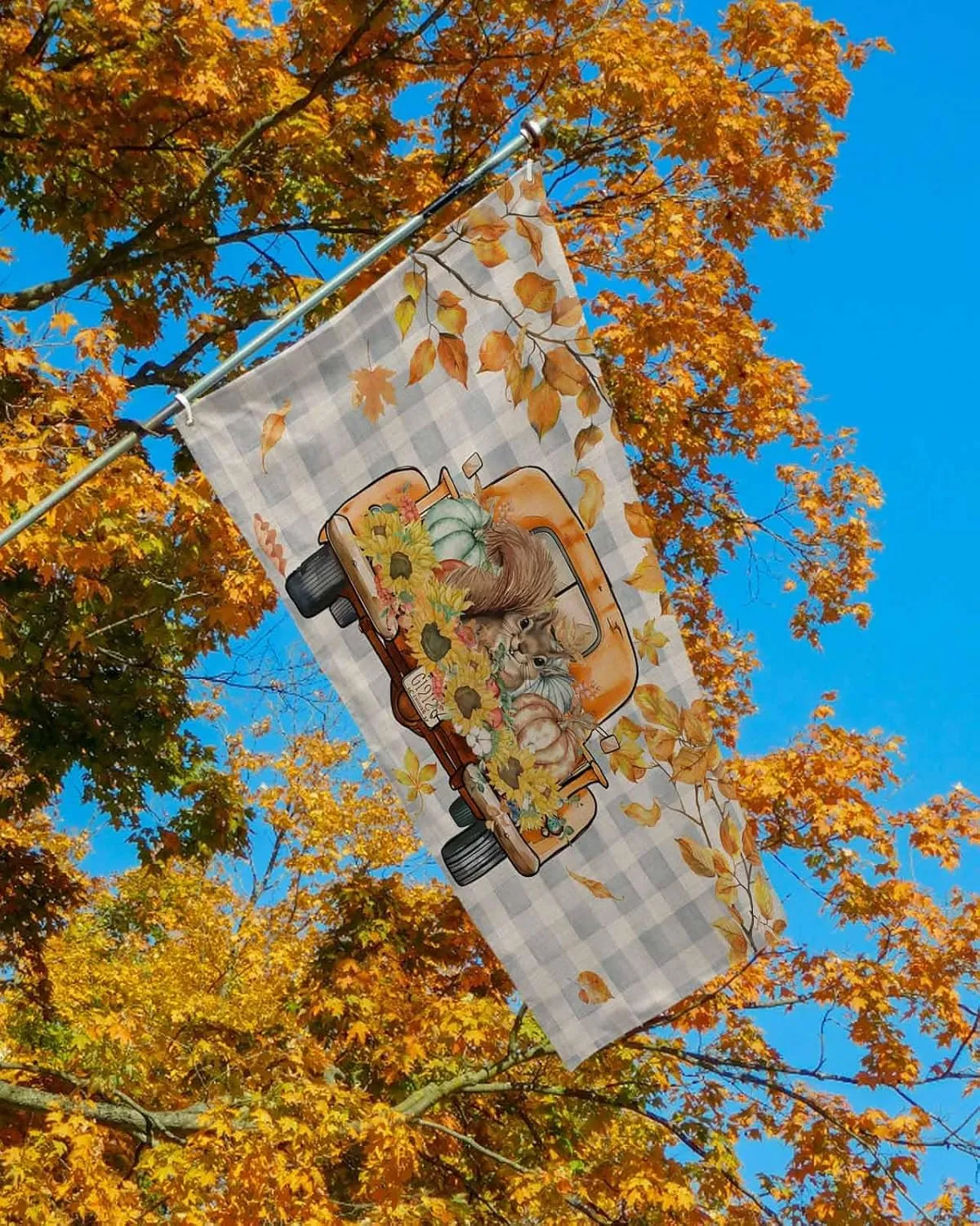 Autumn Flag 2x3 FT Double Sided Yard House Flag Polyester Garden Flag Seasonal Hello Fall Tuck Punpkin Sunflowers Leaf Check Blue Banner Flag with Brass Grommets for Outdoor Indoor Home Decor