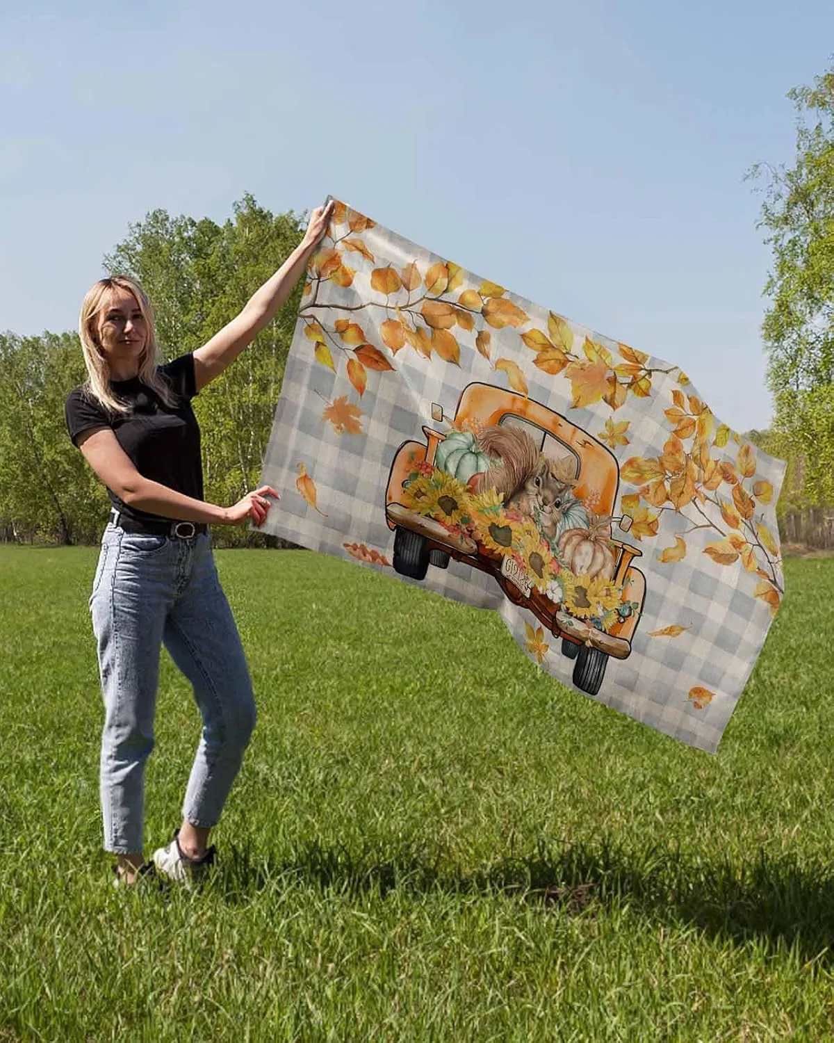 Autumn Flag 2x3 FT Double Sided Yard House Flag Polyester Garden Flag Seasonal Hello Fall Tuck Punpkin Sunflowers Leaf Check Blue Banner Flag with Brass Grommets for Outdoor Indoor Home Decor