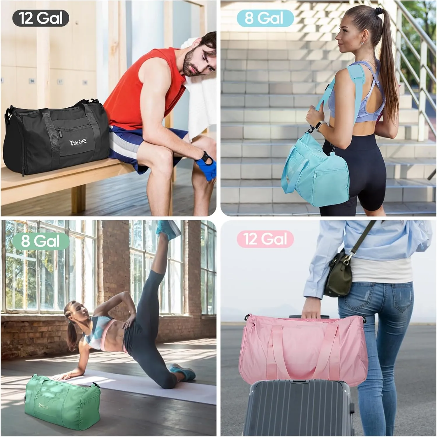 BALEINE Gym Bag for Women and Men, Duffel Bag for Sports, Gyms and Weekend Getaway, Waterproof Dufflebag with Shoe and Wet Clothes Compartments, Lightweight Carryon Gymbag (Azure)