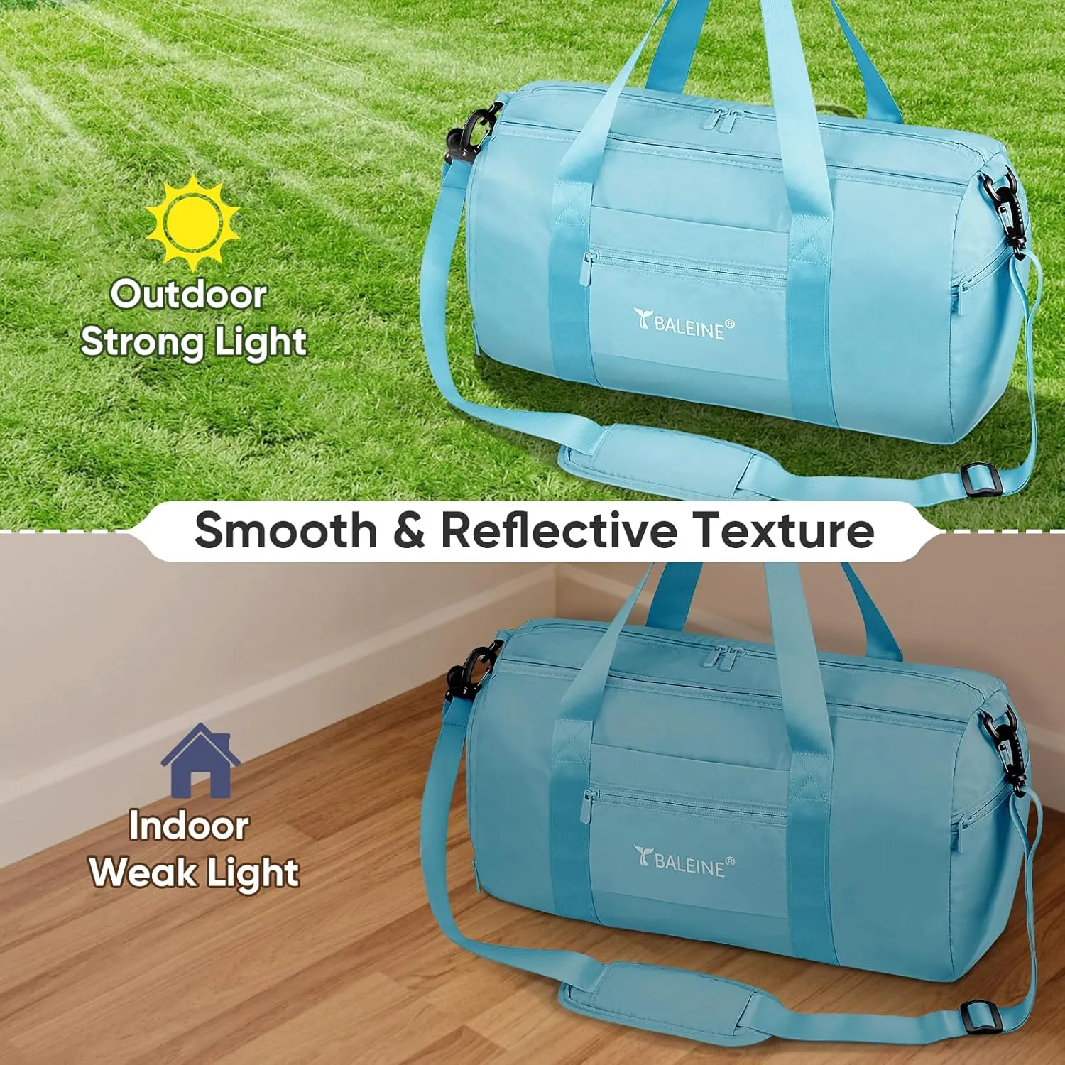 BALEINE Gym Bag for Women and Men, Duffel Bag for Sports, Gyms and Weekend Getaway, Waterproof Dufflebag with Shoe and Wet Clothes Compartments, Lightweight Carryon Gymbag (Azure)