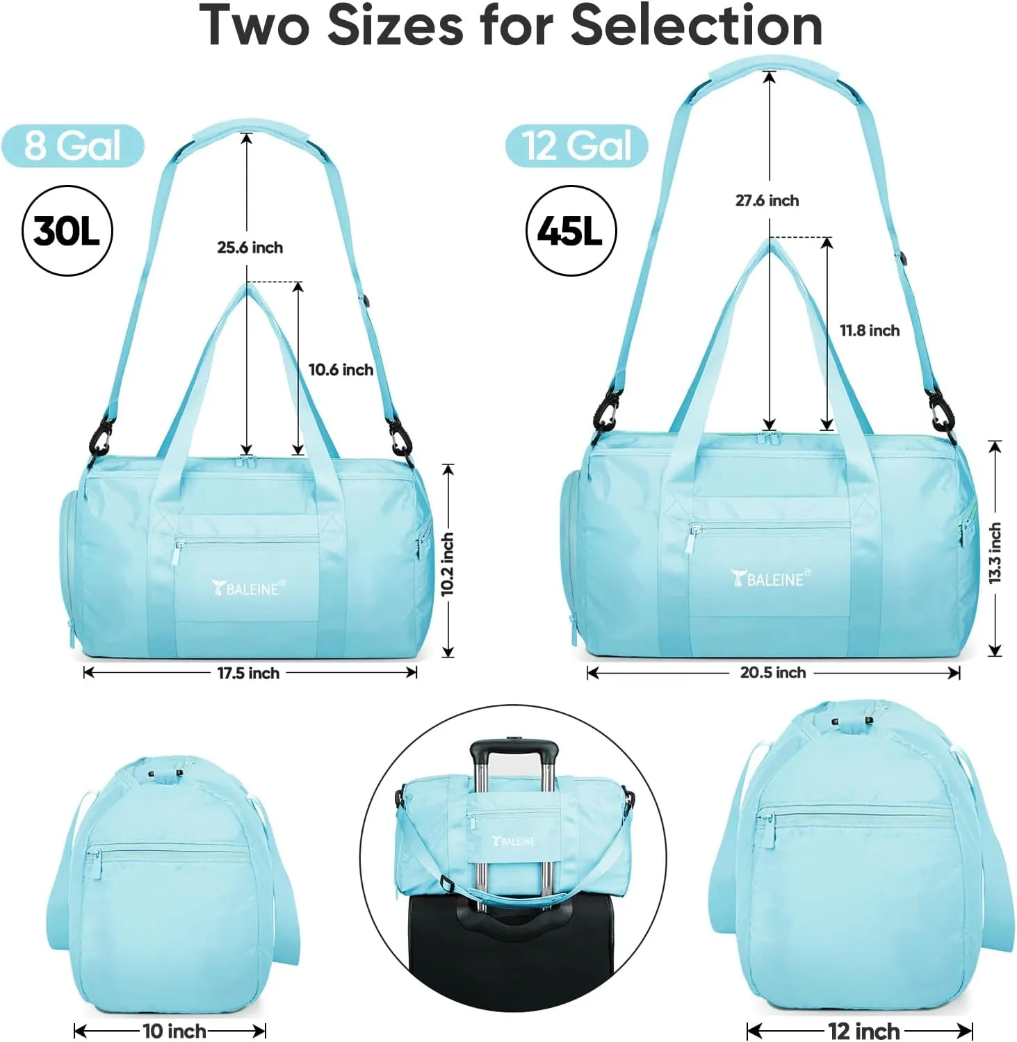 BALEINE Gym Bag for Women and Men, Duffel Bag for Sports, Gyms and Weekend Getaway, Waterproof Dufflebag with Shoe and Wet Clothes Compartments, Lightweight Carryon Gymbag (Azure)