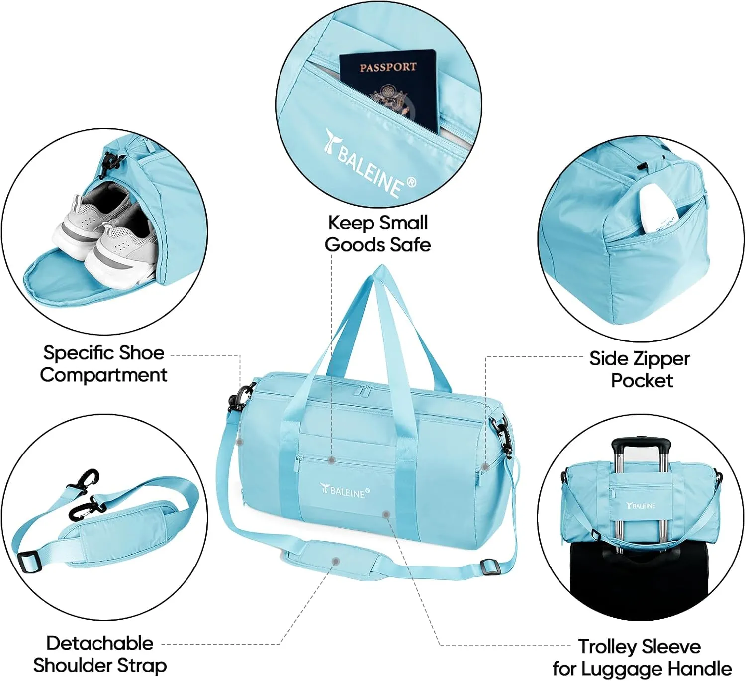 BALEINE Gym Bag for Women and Men, Duffel Bag for Sports, Gyms and Weekend Getaway, Waterproof Dufflebag with Shoe and Wet Clothes Compartments, Lightweight Carryon Gymbag (Azure)