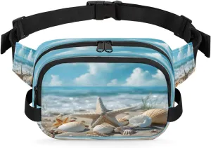 Beautiful Beach Shells Starfish Waterproof Fanny Pack for Women Men Adjustable Waist Bag with Double Zipper Pockets Lightweight Square Hip Pack for Running Travel Hiking Workout Cycling