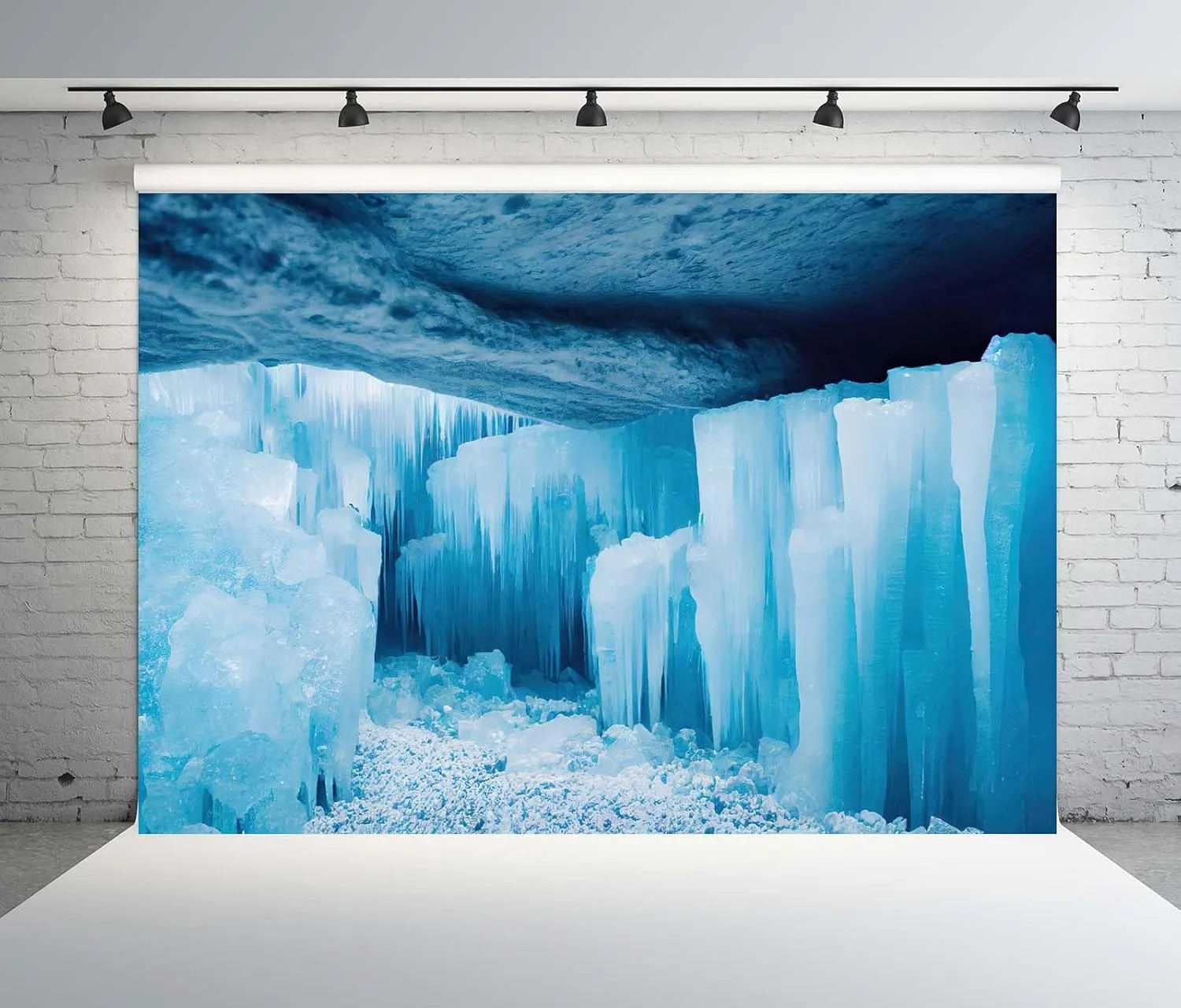 BELECO 10x6.5ft Fabric Ice Cave Backdrop Polar Arctic Scene Ice Crystals Cave Icicle Glacier Ice and Snow World Background Winter Wonderland Christmas Party Decoration Birthday Shoot Studio Photo Prop