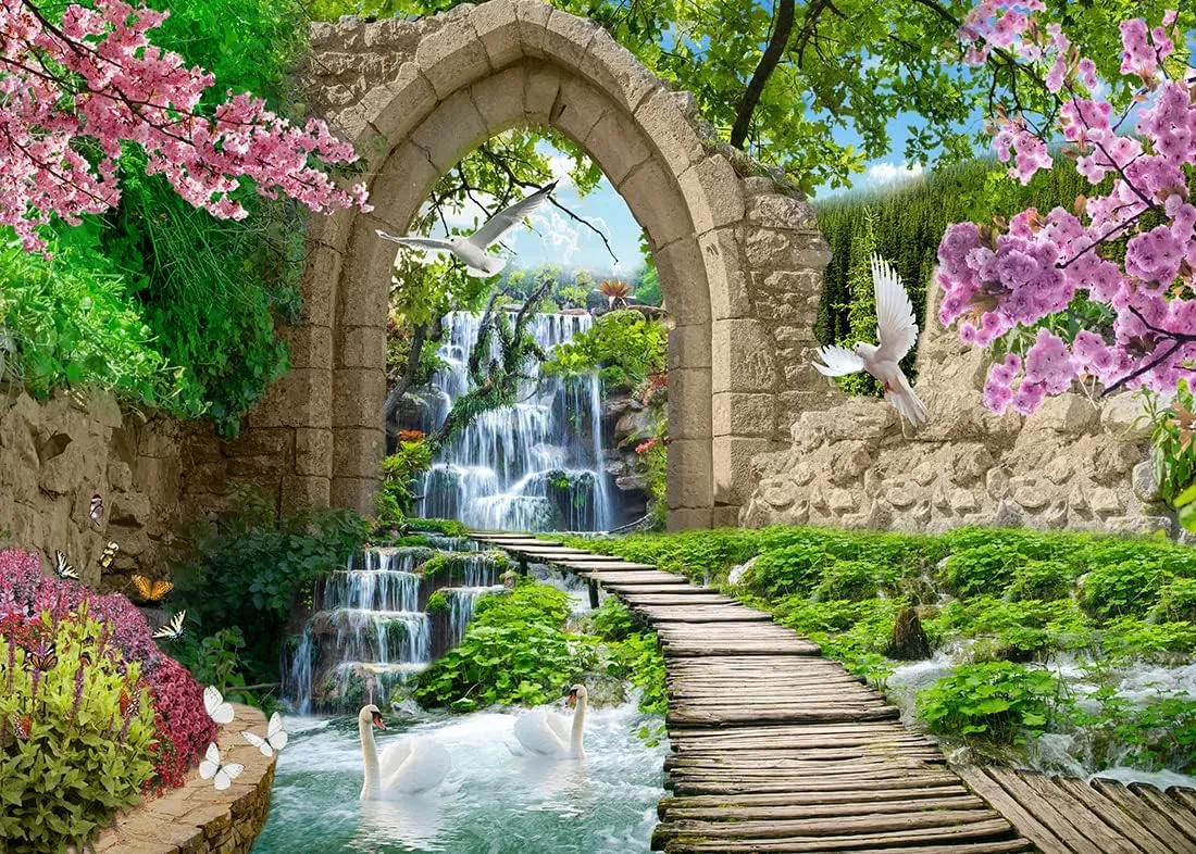 BELECO 10x8ft Fabric Romantic Garden Backdrop Mountain Waterfall Blooming Cherry Blossoms Dove Swan Lake River Bridge Wonderland Background Home Wall Decor Birthday Wedding Photoshoot Studio Props