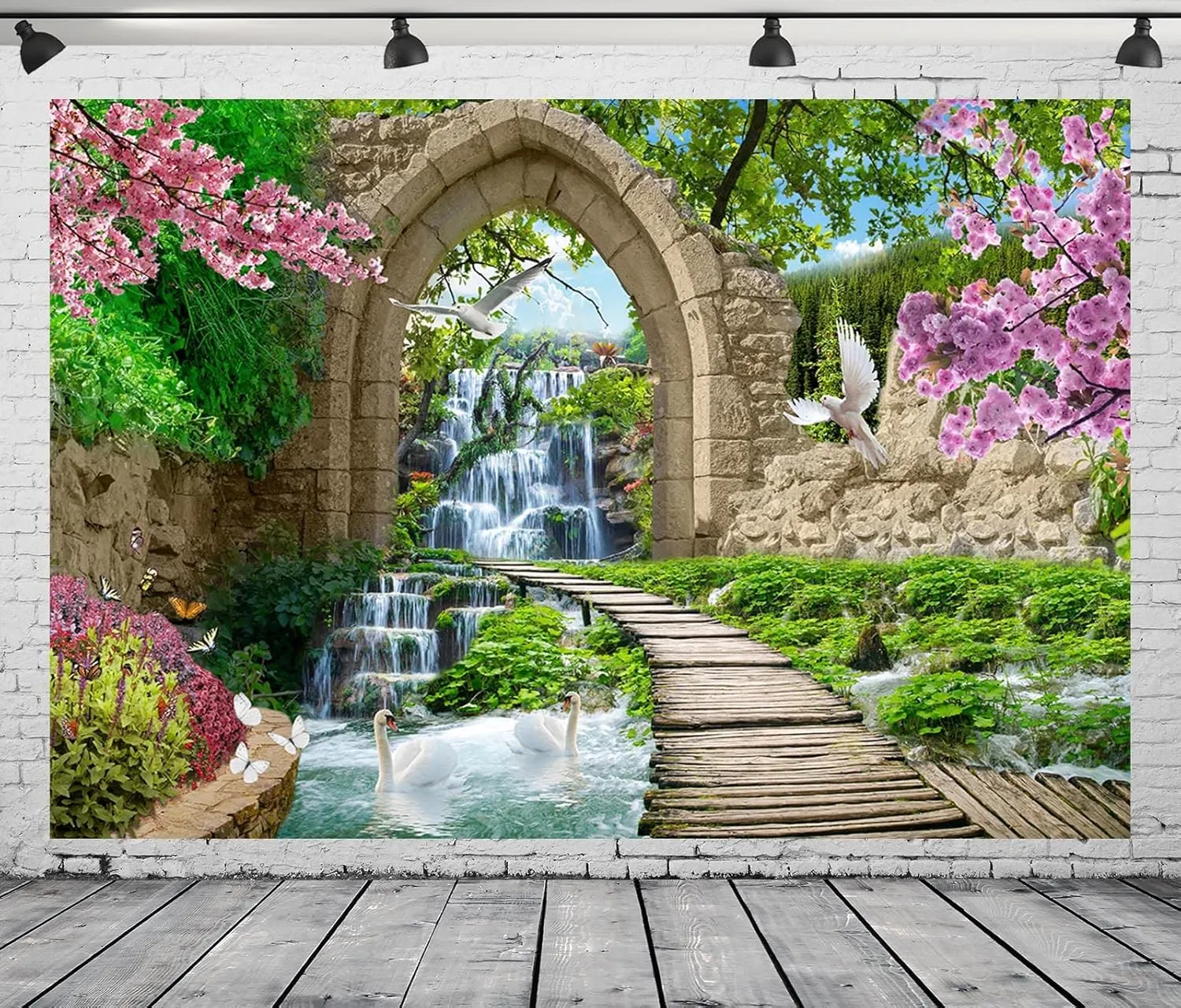 BELECO 10x8ft Fabric Romantic Garden Backdrop Mountain Waterfall Blooming Cherry Blossoms Dove Swan Lake River Bridge Wonderland Background Home Wall Decor Birthday Wedding Photoshoot Studio Props