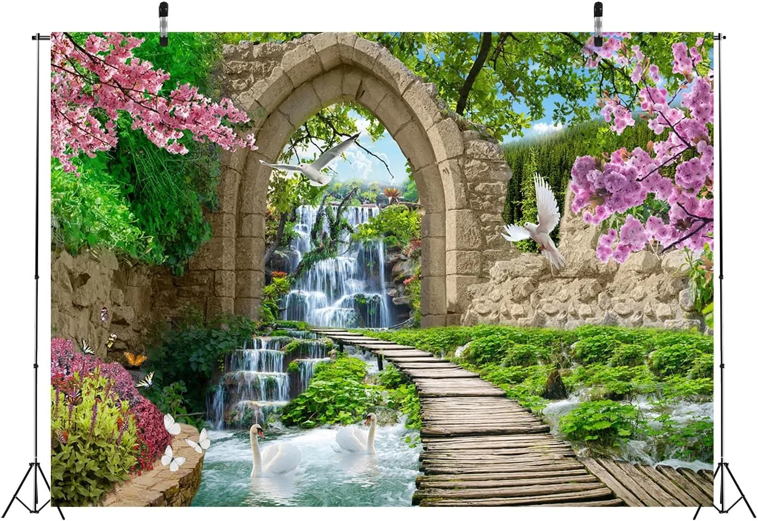 BELECO 10x8ft Fabric Romantic Garden Backdrop Mountain Waterfall Blooming Cherry Blossoms Dove Swan Lake River Bridge Wonderland Background Home Wall Decor Birthday Wedding Photoshoot Studio Props