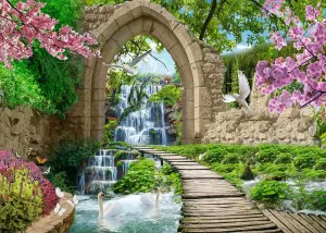 BELECO 10x8ft Fabric Romantic Garden Backdrop Mountain Waterfall Blooming Cherry Blossoms Dove Swan Lake River Bridge Wonderland Background Home Wall Decor Birthday Wedding Photoshoot Studio Props