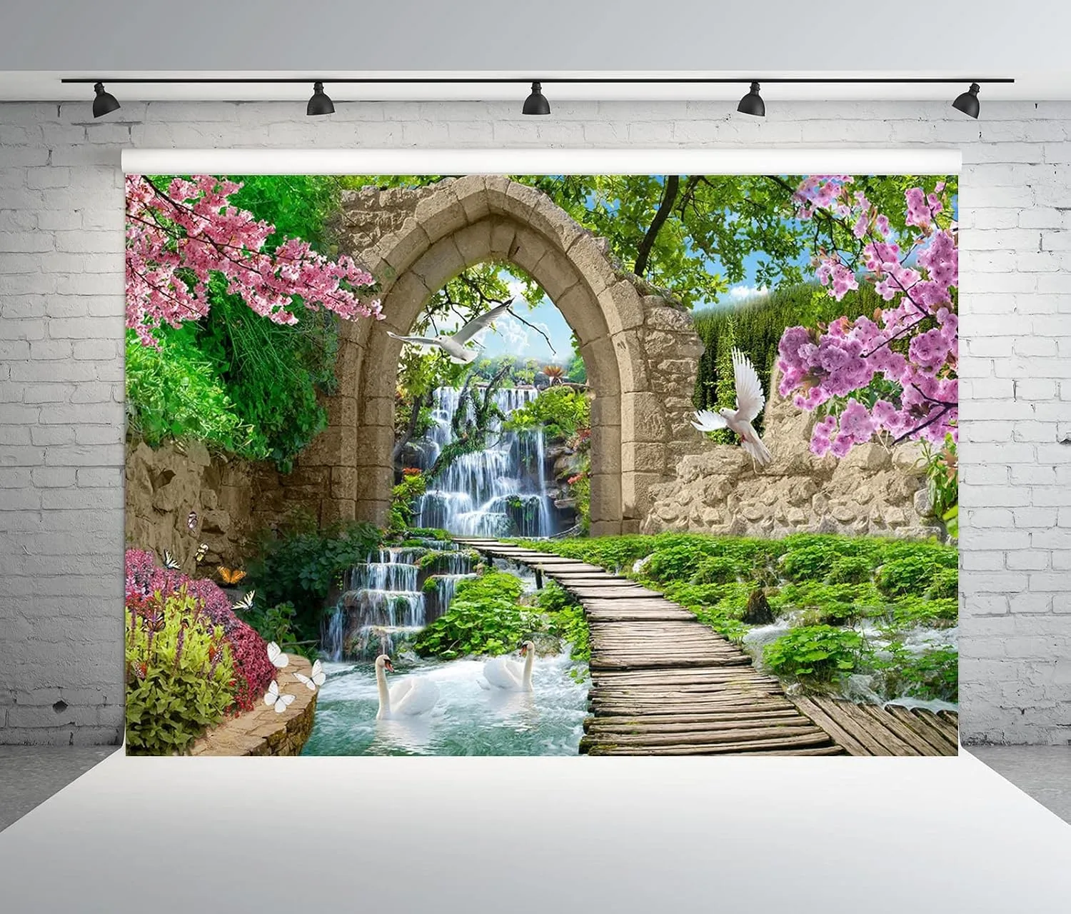 BELECO 10x8ft Fabric Romantic Garden Backdrop Mountain Waterfall Blooming Cherry Blossoms Dove Swan Lake River Bridge Wonderland Background Home Wall Decor Birthday Wedding Photoshoot Studio Props