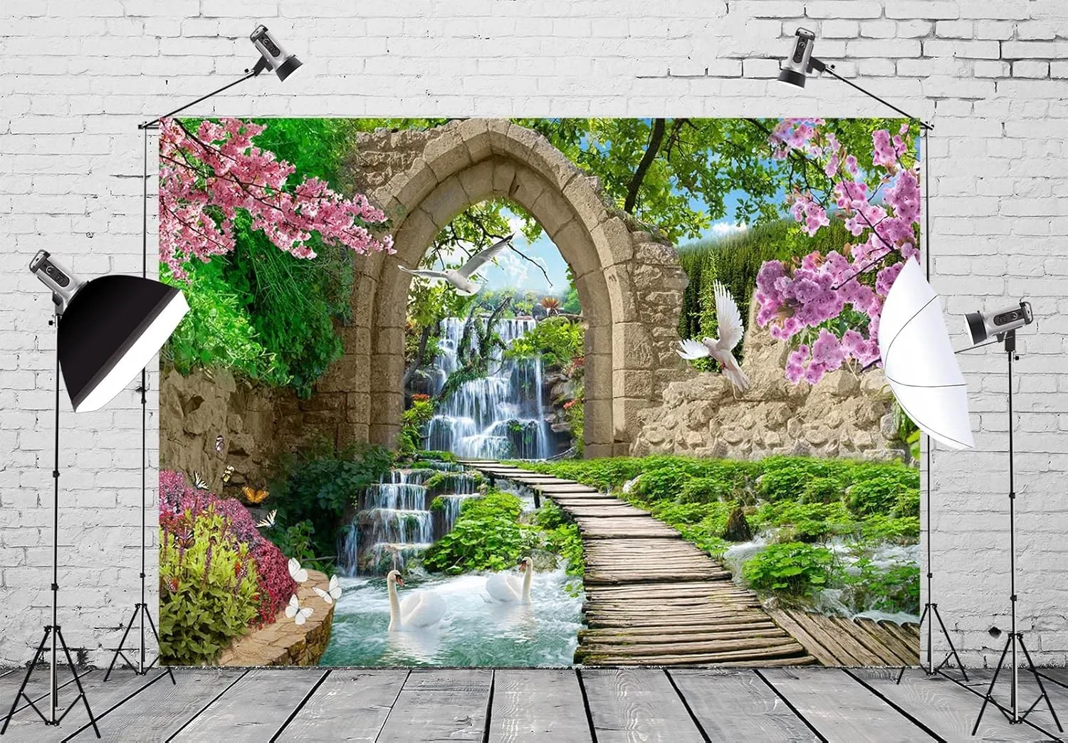BELECO 10x8ft Fabric Romantic Garden Backdrop Mountain Waterfall Blooming Cherry Blossoms Dove Swan Lake River Bridge Wonderland Background Home Wall Decor Birthday Wedding Photoshoot Studio Props