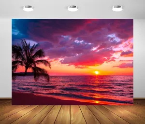 BELECO 7x5ft Fabric Sunset Beach Backdrop Tropical Seaside Coconut Palm Trees Background Backdrop Summer Beach Sunset Hawaii Luau Party Decorations Birthday Photoshoot Studio Photo Props