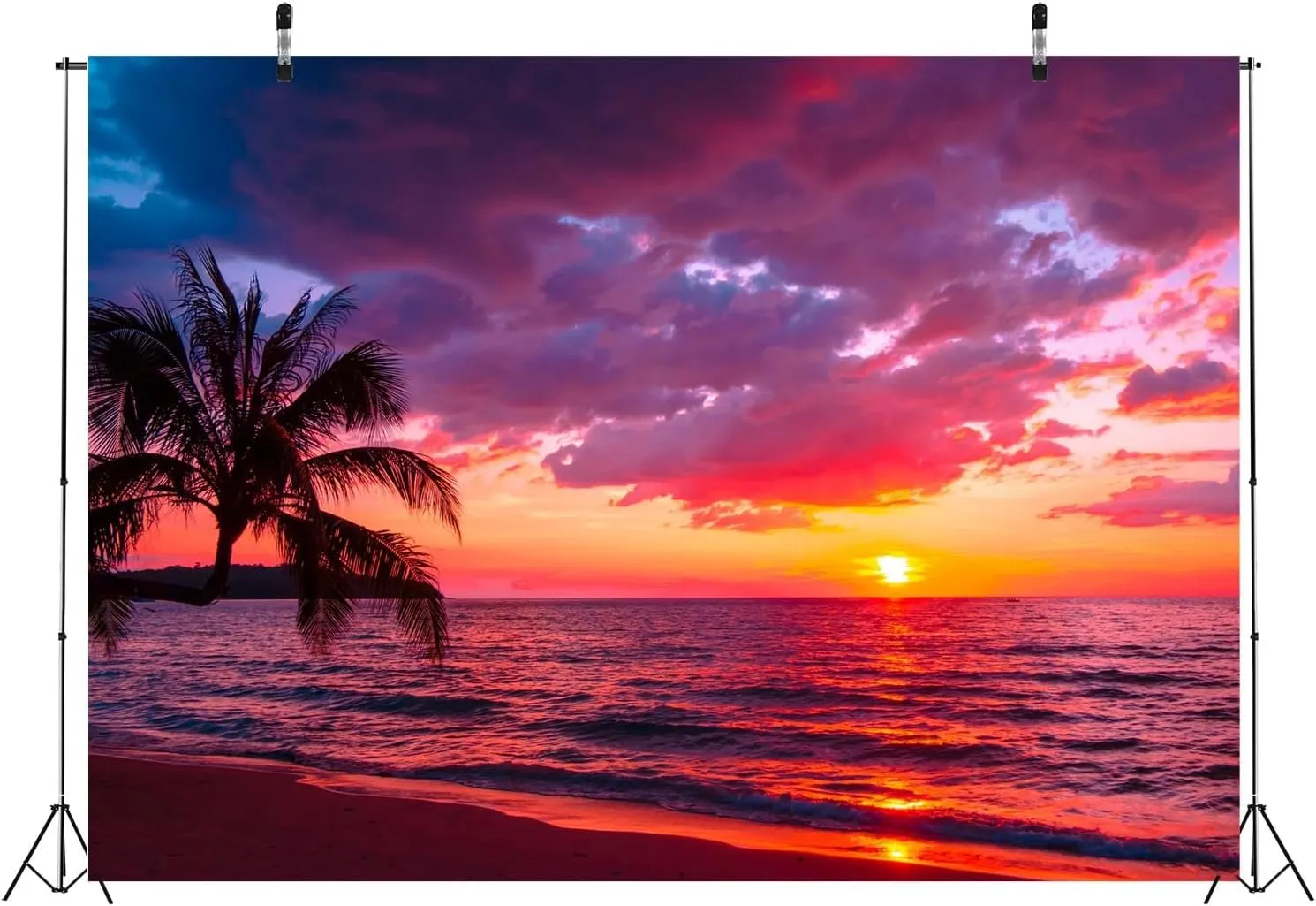 BELECO 7x5ft Fabric Sunset Beach Backdrop Tropical Seaside Coconut Palm Trees Background Backdrop Summer Beach Sunset Hawaii Luau Party Decorations Birthday Photoshoot Studio Photo Props