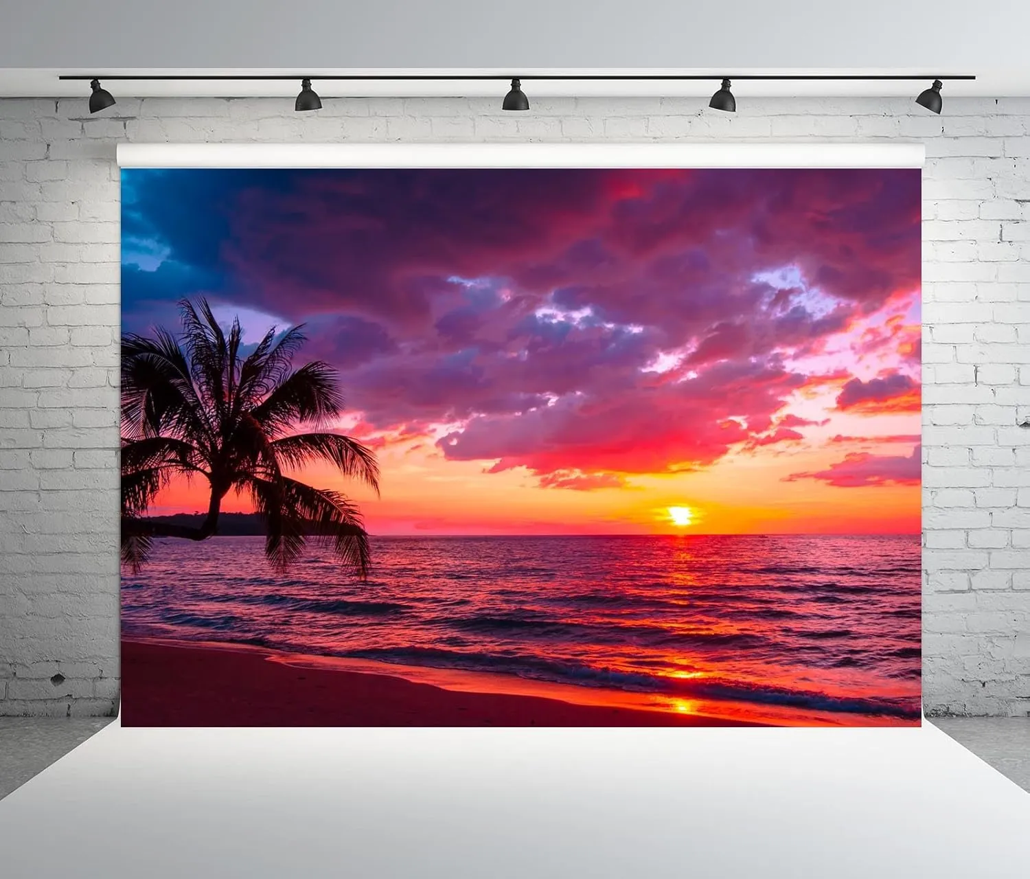 BELECO 7x5ft Fabric Sunset Beach Backdrop Tropical Seaside Coconut Palm Trees Background Backdrop Summer Beach Sunset Hawaii Luau Party Decorations Birthday Photoshoot Studio Photo Props