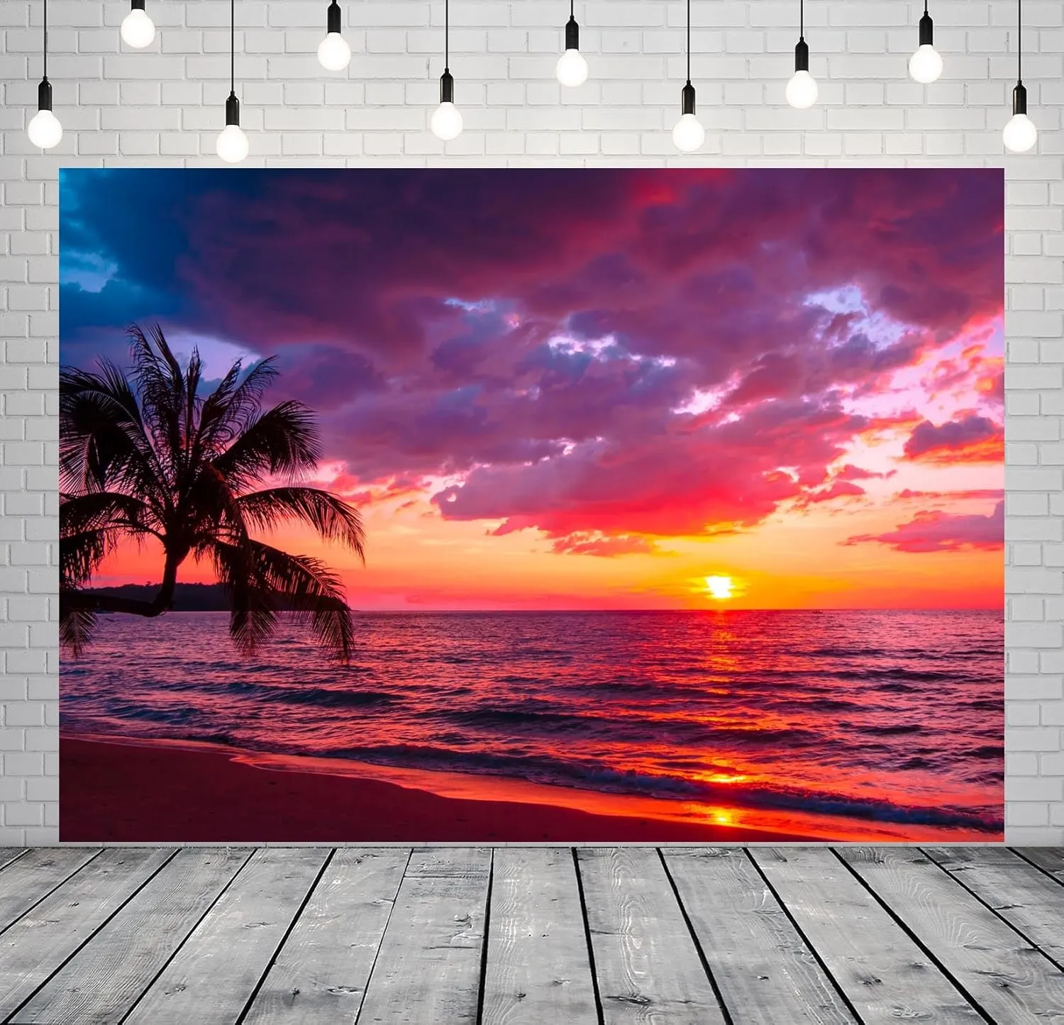 BELECO 7x5ft Fabric Sunset Beach Backdrop Tropical Seaside Coconut Palm Trees Background Backdrop Summer Beach Sunset Hawaii Luau Party Decorations Birthday Photoshoot Studio Photo Props