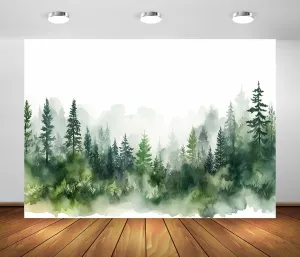 BELECO 8x6ft Fabric Watercolor Forest Backdrop Misty Forest Trees Spruce Forest Silhouette Background for ChristmasParty Decoration Banner Birthday Baby Shower Kids Adults Portrait Photo Props