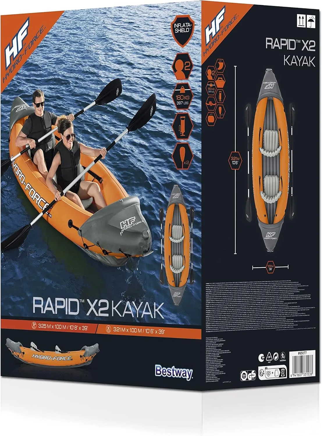 Bestway Hydro-Force Rapid Kayak | 2 Person Inflatable Kayak Set with Seats, Backrest, Paddles, Hand Pump and Carry Bag, Orange