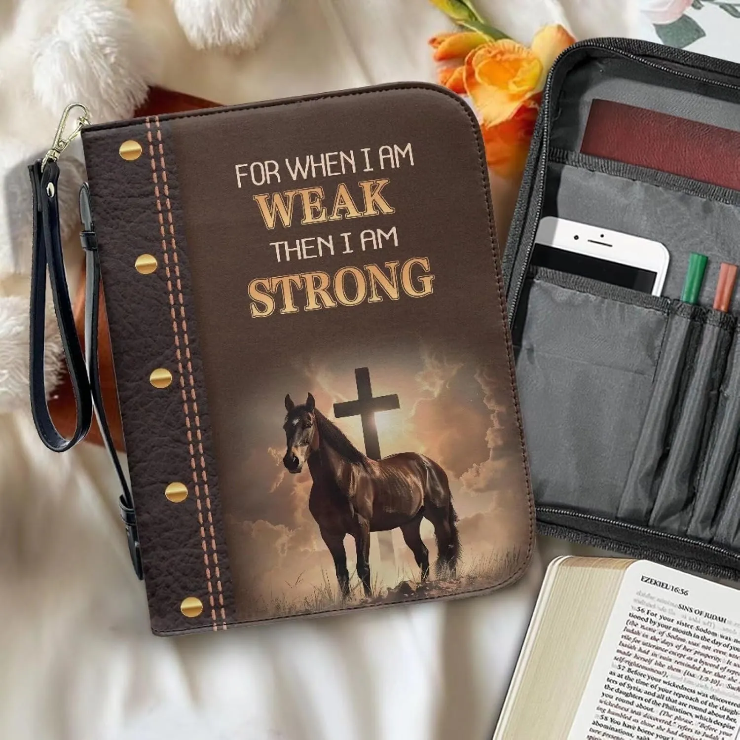 Bible Bag with Black Ribbon for Women Men Bible Cover Carry Case Waterproof Church Bag Portable Handle and Zipper