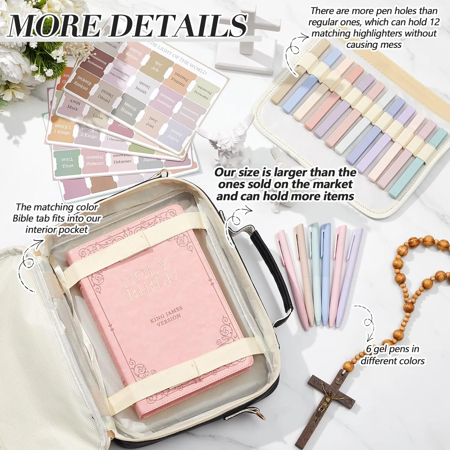 Bible Cover Case for Women,Christian Gifts for Church,VBS,Large PU Leather Chenille Letter Bible Bag with Shoulder Strap,Tabs,6 Colored Gel Pen 12 Highlighters,12 x 9 x 2.5(Black)