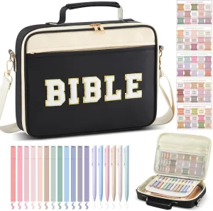Bible Cover Case for Women,Christian Gifts for Church,VBS,Large PU Leather Chenille Letter Bible Bag with Shoulder Strap,Tabs,6 Colored Gel Pen 12 Highlighters,12 x 9 x 2.5(Black)