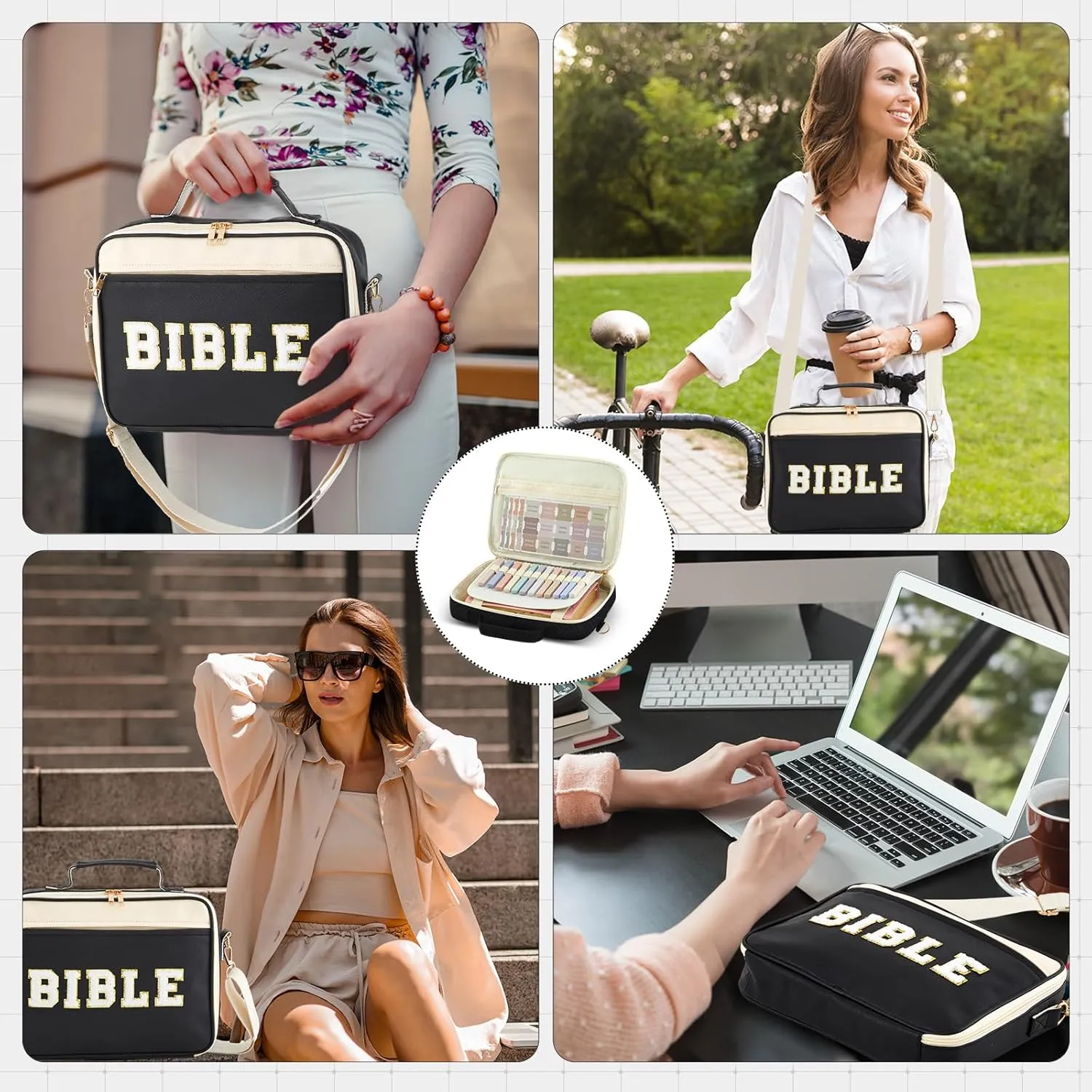 Bible Cover Case for Women,Christian Gifts for Church,VBS,Large PU Leather Chenille Letter Bible Bag with Shoulder Strap,Tabs,6 Colored Gel Pen 12 Highlighters,12 x 9 x 2.5(Black)