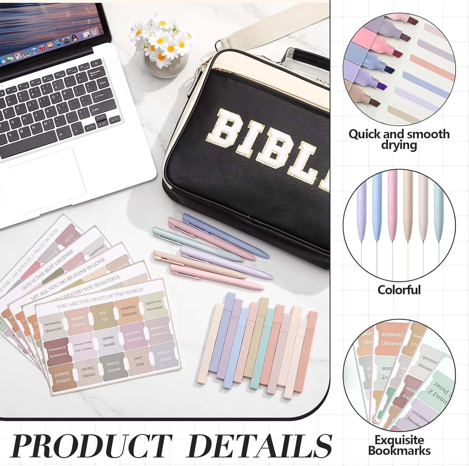 Bible Cover Case for Women,Christian Gifts for Church,VBS,Large PU Leather Chenille Letter Bible Bag with Shoulder Strap,Tabs,6 Colored Gel Pen 12 Highlighters,12 x 9 x 2.5(Black)