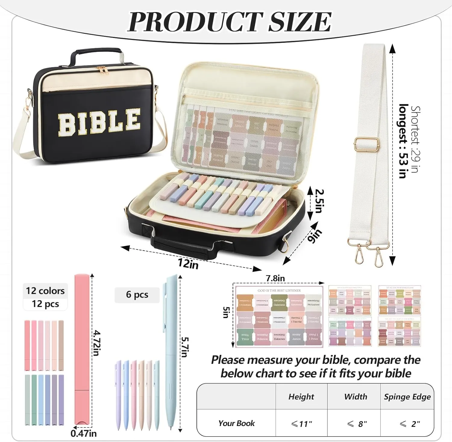 Bible Cover Case for Women,Christian Gifts for Church,VBS,Large PU Leather Chenille Letter Bible Bag with Shoulder Strap,Tabs,6 Colored Gel Pen 12 Highlighters,12 x 9 x 2.5(Black)