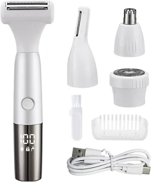 Bikini Trimmer for Women, 4 in 1 Electric Razors with Display Screen, Wet & Dry Painless Body Shaver, Rechargeable Hair Remover, Electric Shaver for Face Nose Eyebrow Body Armpit Bikini (Silvery)