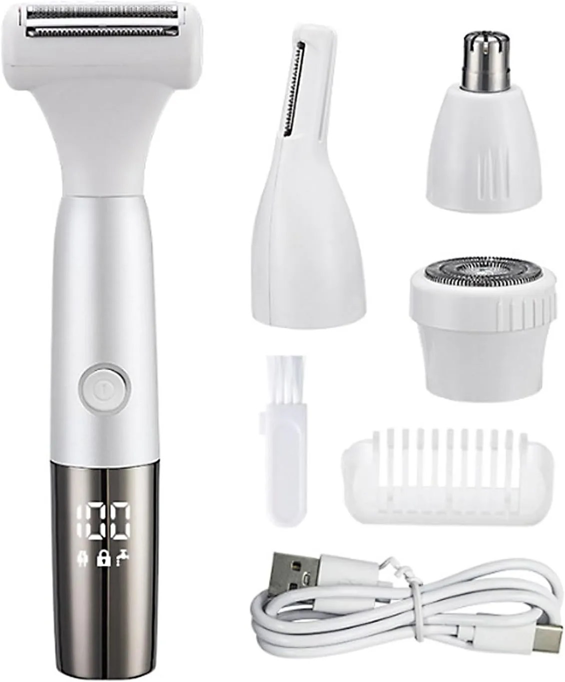 Bikini Trimmer for Women, 4 in 1 Electric Razors with Display Screen, Wet & Dry Painless Body Shaver, Rechargeable Hair Remover, Electric Shaver for Face Nose Eyebrow Body Armpit Bikini (Silvery)