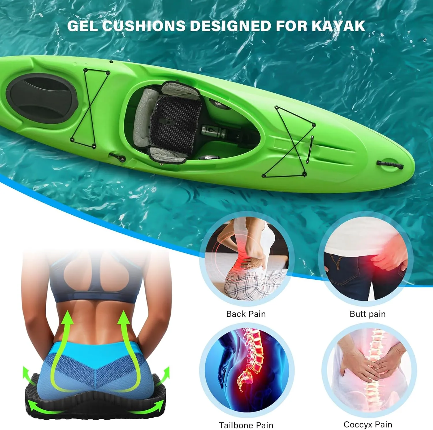 Bilbear Thicker Gel Kayak Seat Cushion,Large Seat Cushions for Kayaks,Paddle Board,Canoe and Boating,HIPS Relief Seat Cushion Pad for Kayak Accessories