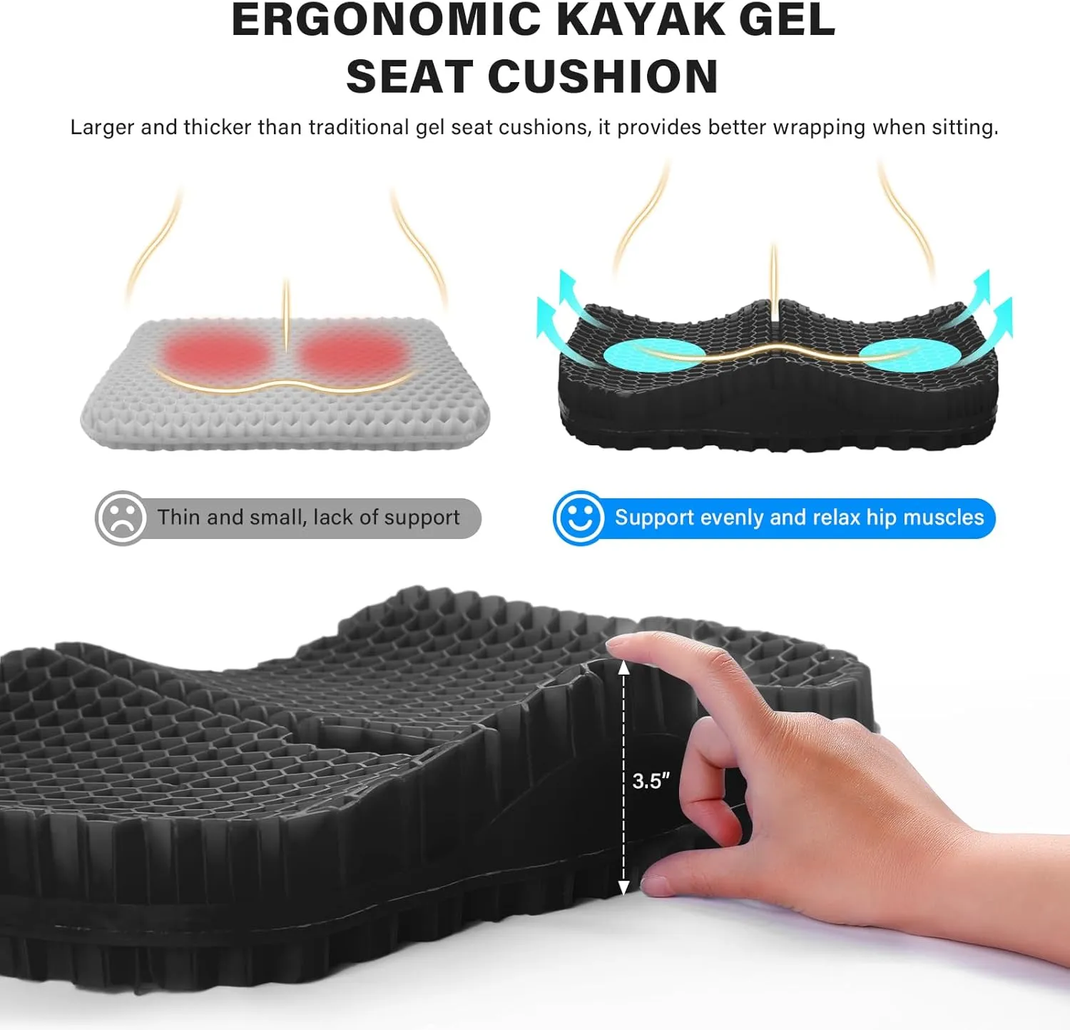 Bilbear Thicker Gel Kayak Seat Cushion,Large Seat Cushions for Kayaks,Paddle Board,Canoe and Boating,HIPS Relief Seat Cushion Pad for Kayak Accessories