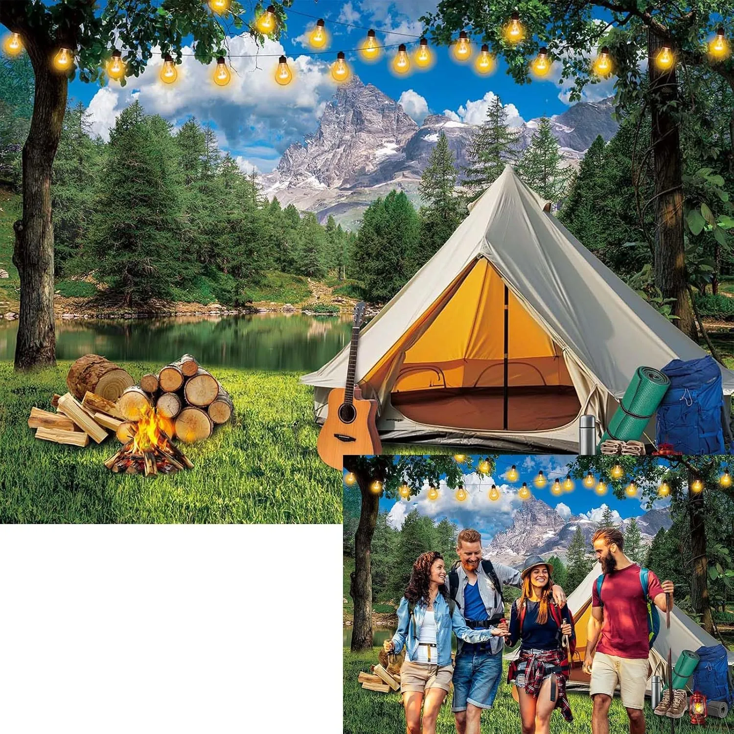 BINQOO Camping Backdrop Forest Campfire Tent Party Photography Background Mountain Lake Nature Scenery Outdoor Adventure Party Photo Banner Props (8x6FT)