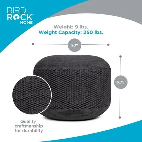 BIRDROCK HOME Outdoor Pouf Ottoman | Hand Woven Waterproof Foot Stool with Bead Bag Filling | Boho Foot Rest for Patio, Living Room, Porch & Outdoor Seating | Lightweight, Soft Stuffed Chair | Grey