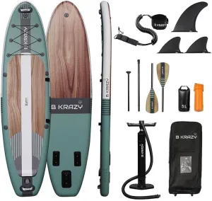 Bkrazy ‎Adult - High-end Inflatable Paddle Board - Premium Accessories - Wheeled Backpack, Hybrid Aluminium Paddle, Kayak seat, Leash, Dry Bag, Hand Pump, 3 Fins - 12.6' x 32" x 6"
