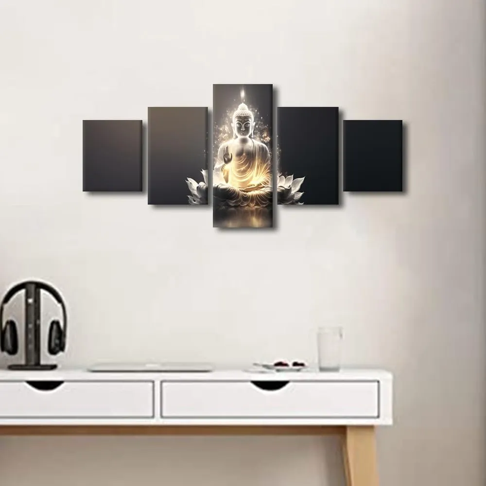 Black and White Buddha Wall Art Modern 5 Panel Living Room Decor Golden Radiance Buddha Sculpture Poster Prints Artwork for Men Lady Bedroom Office Wall Decoration Stretched Ready to Hang 50x24 in