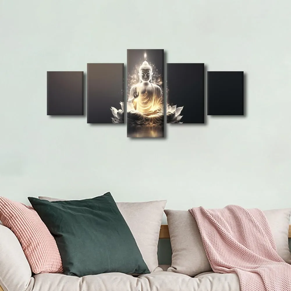 Black and White Buddha Wall Art Modern 5 Panel Living Room Decor Golden Radiance Buddha Sculpture Poster Prints Artwork for Men Lady Bedroom Office Wall Decoration Stretched Ready to Hang 50x24 in