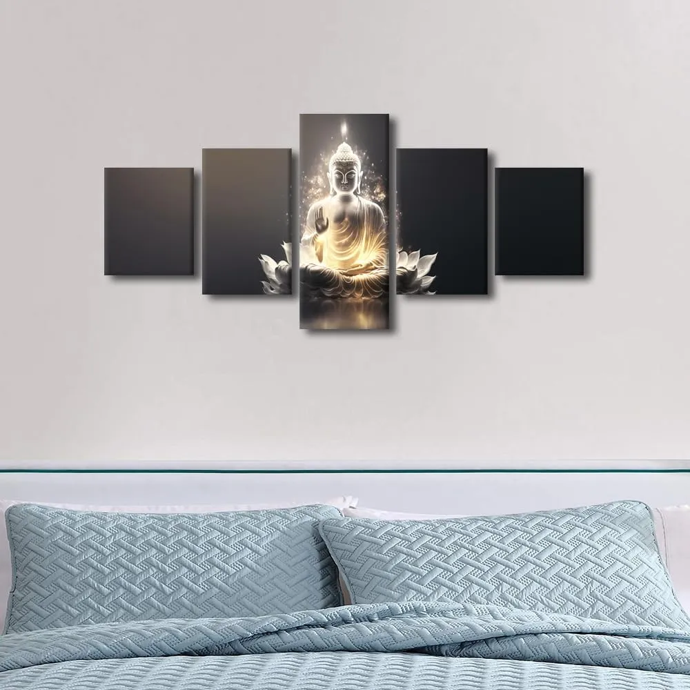 Black and White Buddha Wall Art Modern 5 Panel Living Room Decor Golden Radiance Buddha Sculpture Poster Prints Artwork for Men Lady Bedroom Office Wall Decoration Stretched Ready to Hang 50x24 in