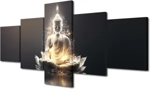 Black and White Buddha Wall Art Modern 5 Panel Living Room Decor Golden Radiance Buddha Sculpture Poster Prints Artwork for Men Lady Bedroom Office Wall Decoration Stretched Ready to Hang 50x24 in