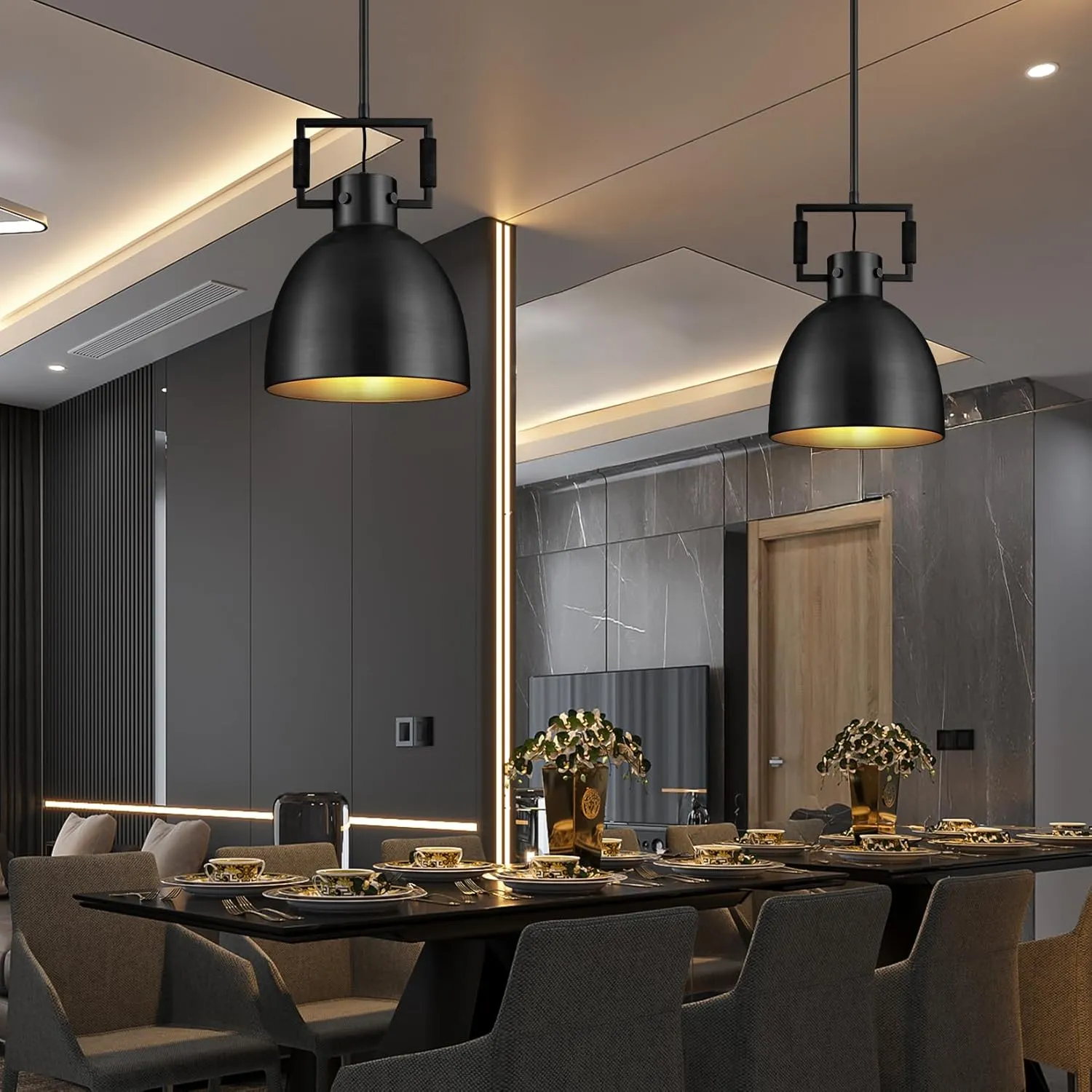Black Pendant Lights Kitchen Island, 10" Industrial Pendant Light Fixtures Vintage Brass Farmhouse Pendant Lights Dome Shade for Kitchen Dining Room Hallway Restaurant