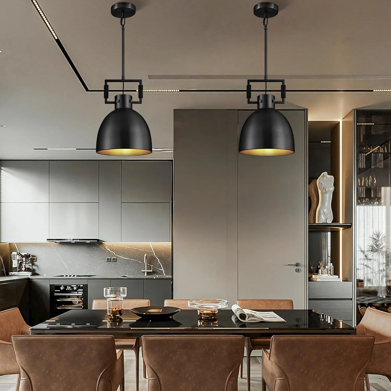 Black Pendant Lights Kitchen Island, 10" Industrial Pendant Light Fixtures Vintage Brass Farmhouse Pendant Lights Dome Shade for Kitchen Dining Room Hallway Restaurant