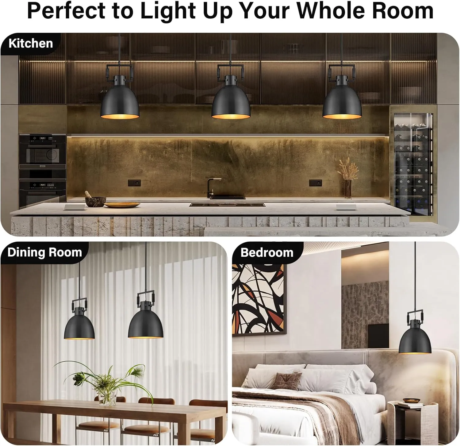 Black Pendant Lights Kitchen Island, 10" Industrial Pendant Light Fixtures Vintage Brass Farmhouse Pendant Lights Dome Shade for Kitchen Dining Room Hallway Restaurant