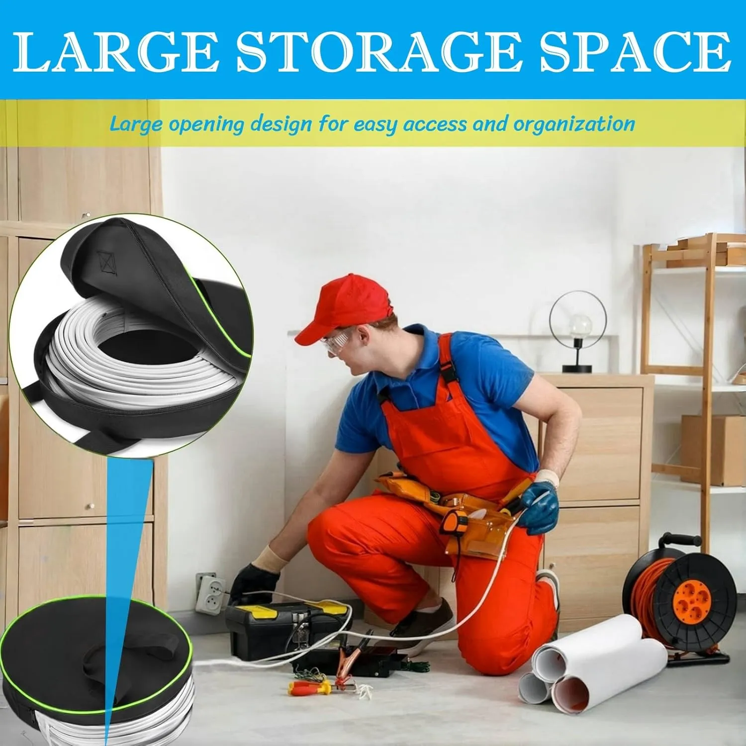 BLIRITEL Round Cable Bag, Waterproof Jumper Cable Organizer Storage Bag, Perfect for Jumper Cables,RV Sewer Pipe,EV Charging Cord Storage,Extensions and Garden Hoses,Camper Accessories (Black/Green)